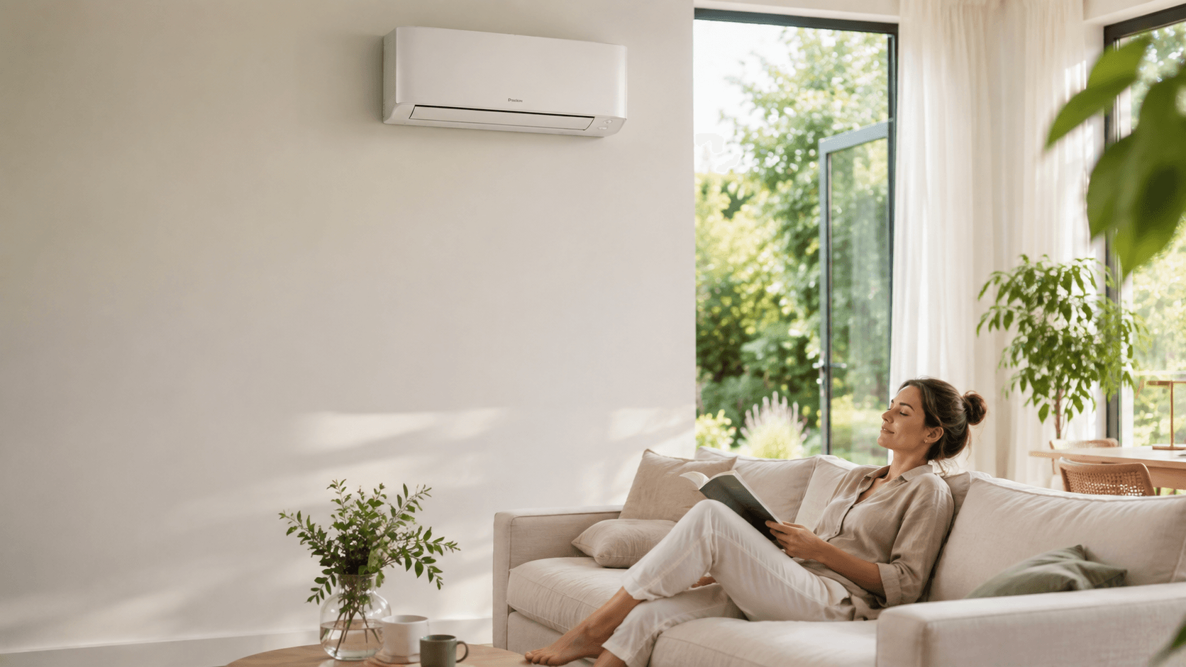 Vrouw leest op de bank onder een airco aan de muur