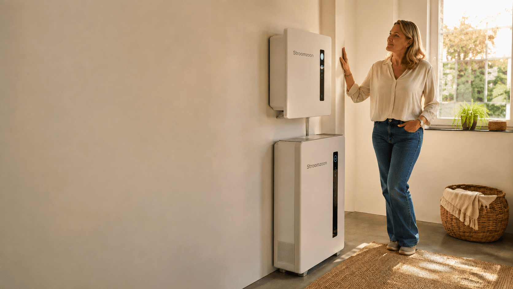 Vrouw bij een Stroomzoon-thuisbatterij in de bijkeuken