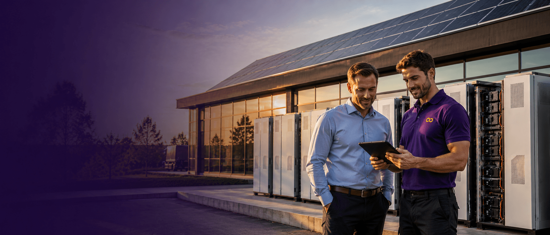 Stroomzoon-adviseur neemt met een ondernemer de batterijen en zonnepanelen bij hun bedrijfspand door