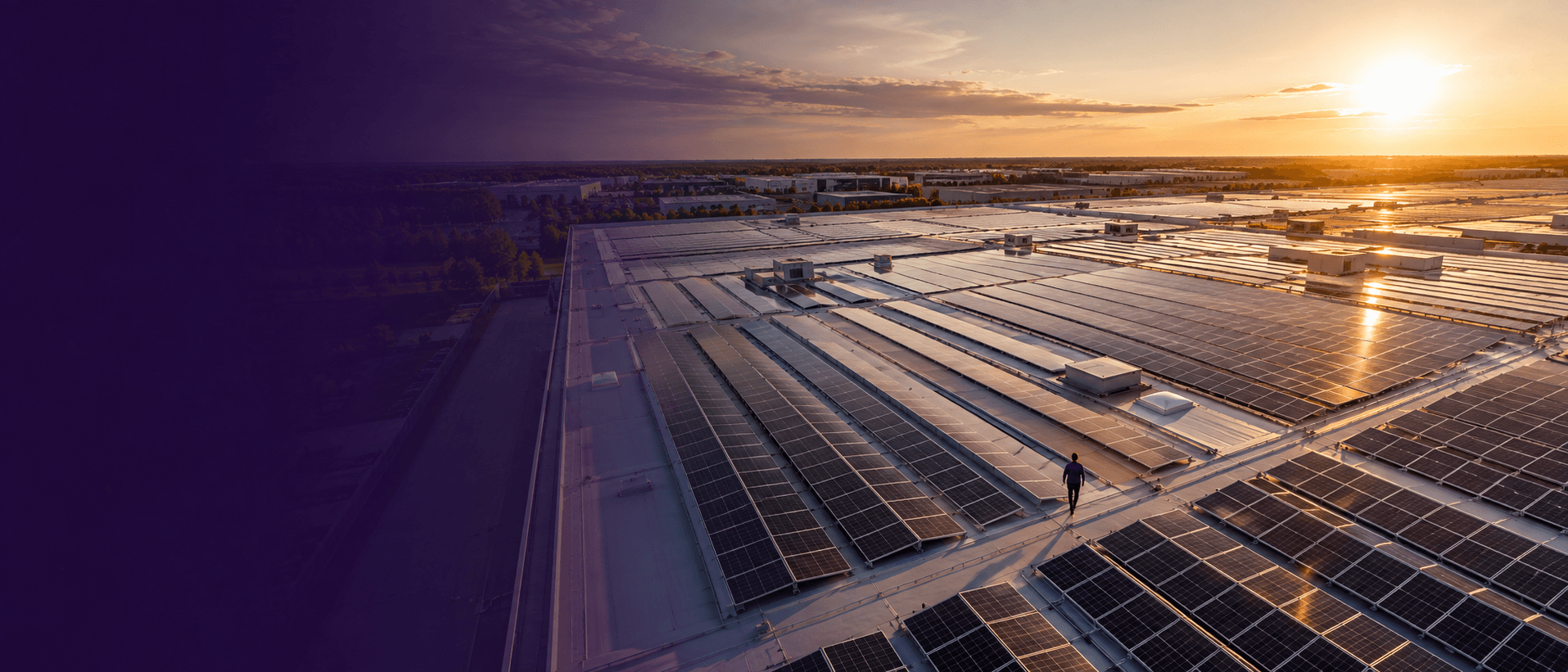 Luchtfoto van een bedrijfsdak vol zonnepanelen bij zonsondergang
