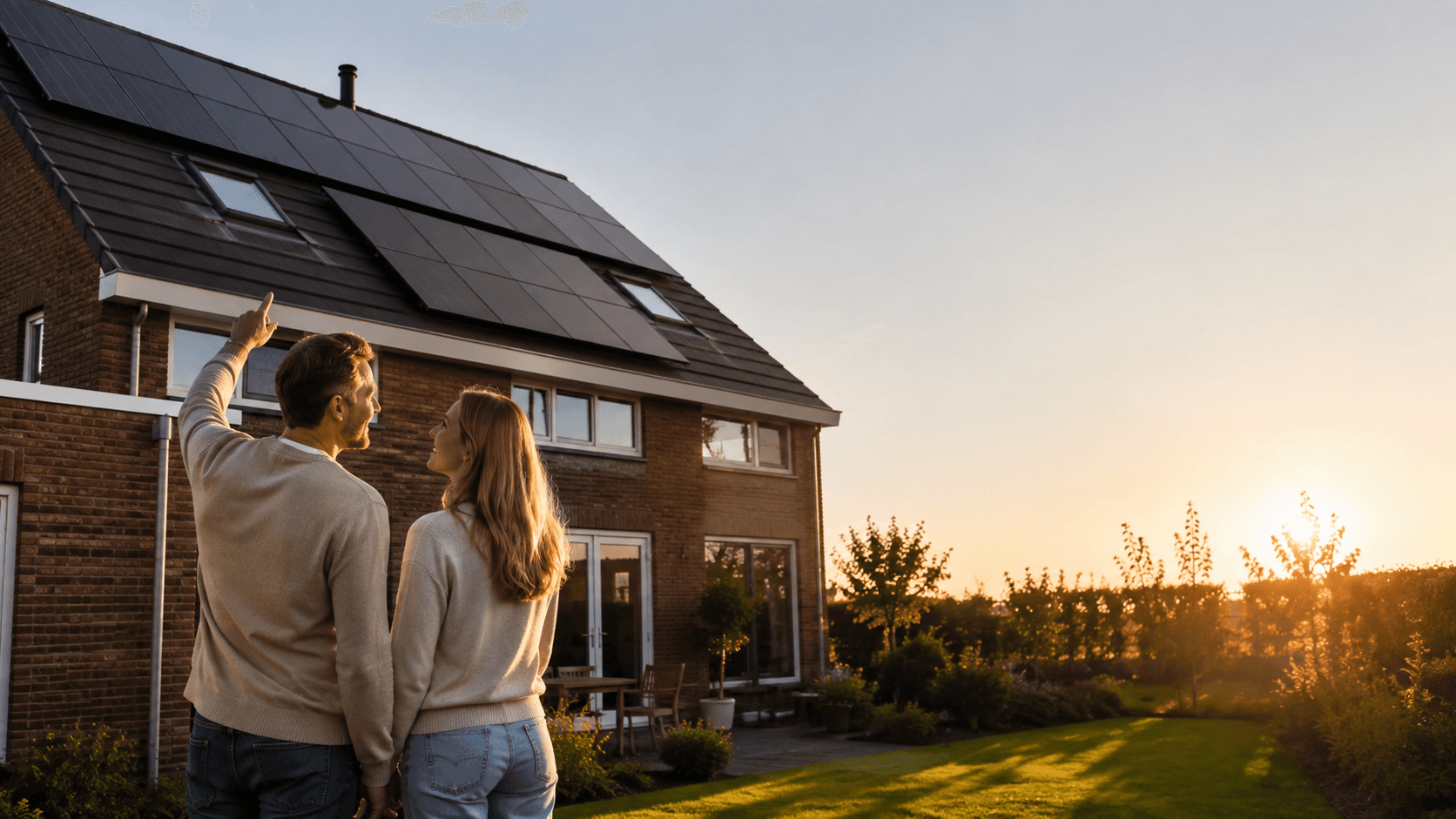 Stel kijkt naar de zonnepanelen op het dak van hun woning
