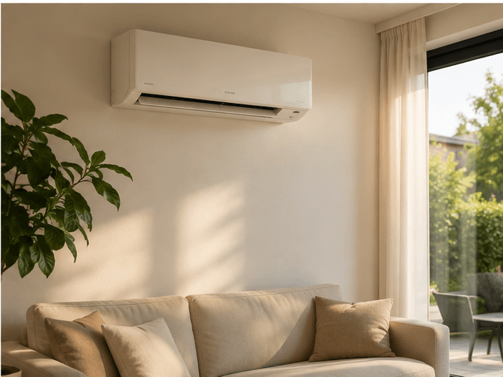 Wandmodel airco boven een bank in een lichte woonkamer