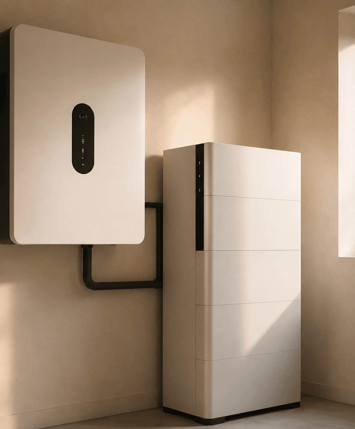 Thuisbatterij met omvormer netjes aan de muur in een bijkeuken