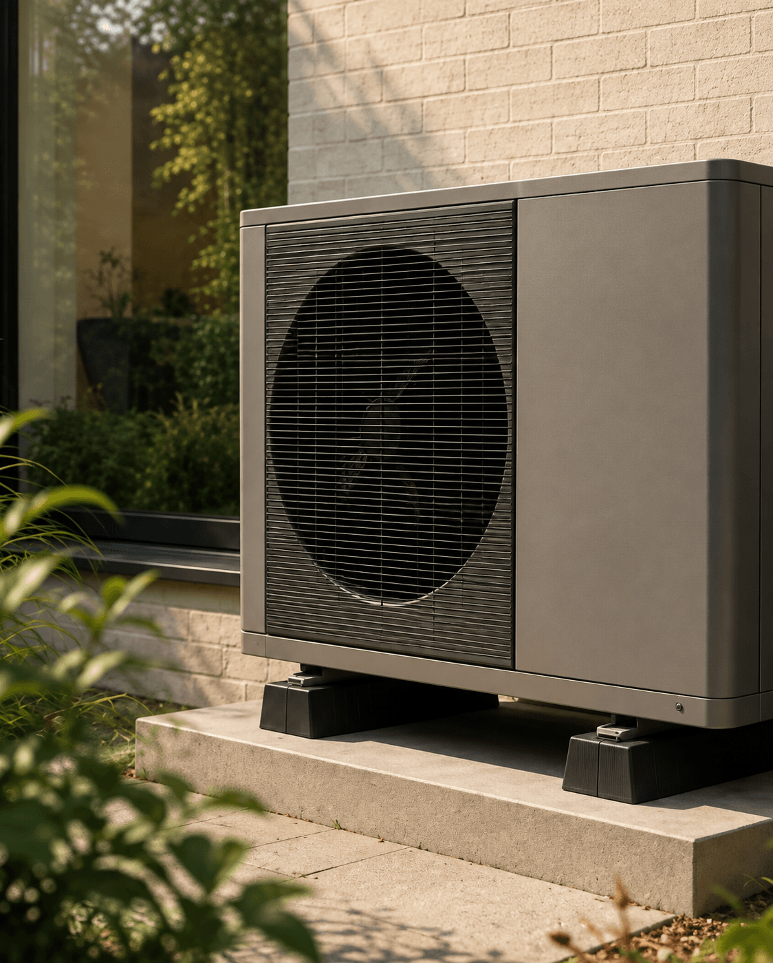 Buitenunit van een warmtepomp naast een woning in de tuin