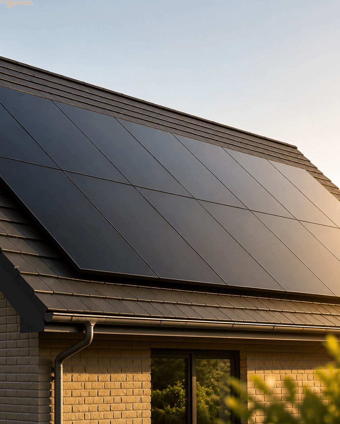 Zwarte zonnepanelen op een pannendak in het avondlicht