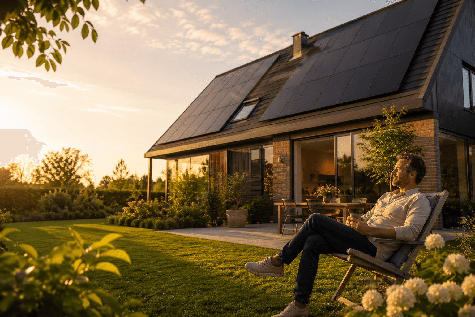 Man ontspant in de tuin bij zijn woning met zonnepanelen op het dak
