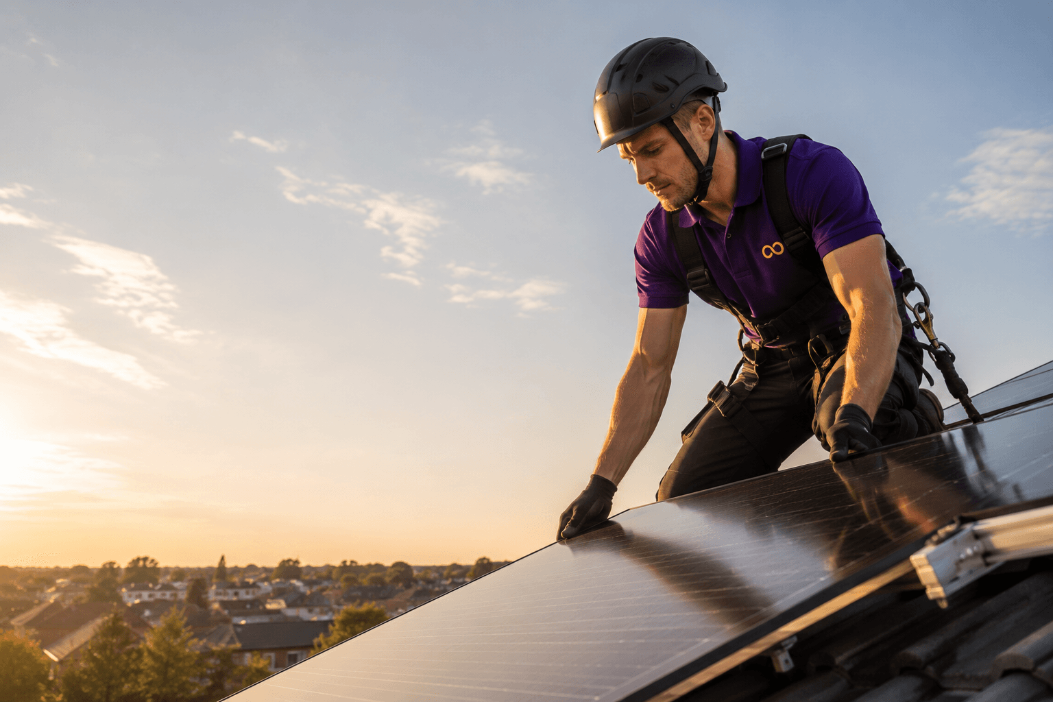 Stroomzoon-monteur legt bij zonsondergang zonnepanelen op een dak